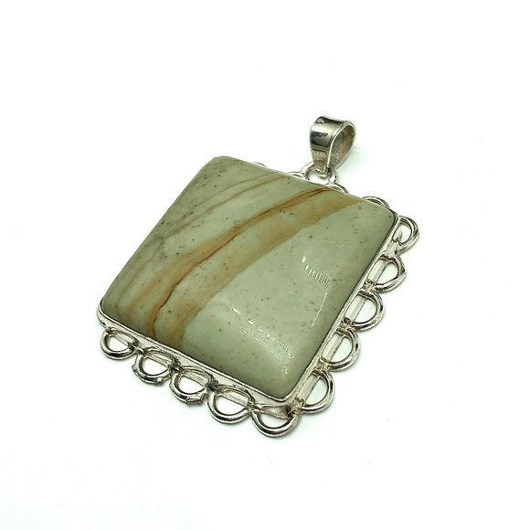 Sterling Silver Pendant w/ Rubbed Sage Color Picture Jasper Stone - Picture 5 of 5